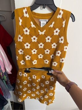 Mustard Floral Knit Two-Piece Set Skirt and Vest Combo